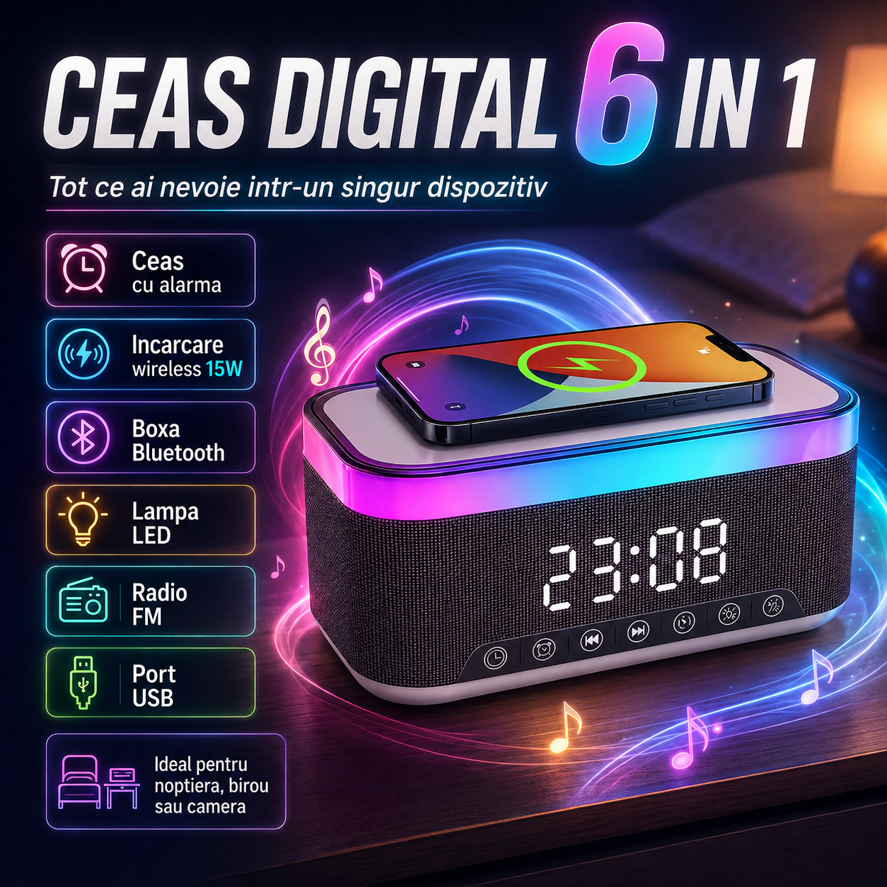Ceas digital multifunțional 6 în 1