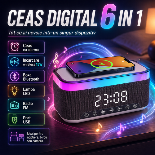 Ceas digital multifunțional 6 în 1